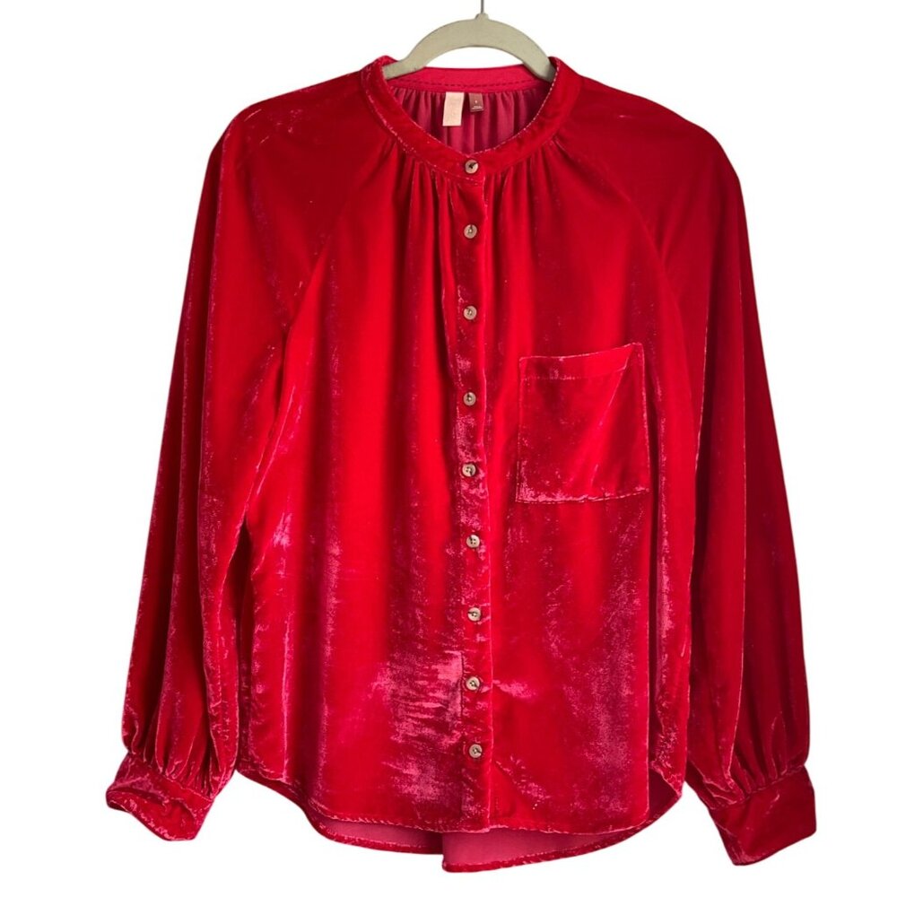 Pilcro Sz Small Coral Red Velvet Button-Down Blouse Top Boho Relaxed - Picture 2 of 9